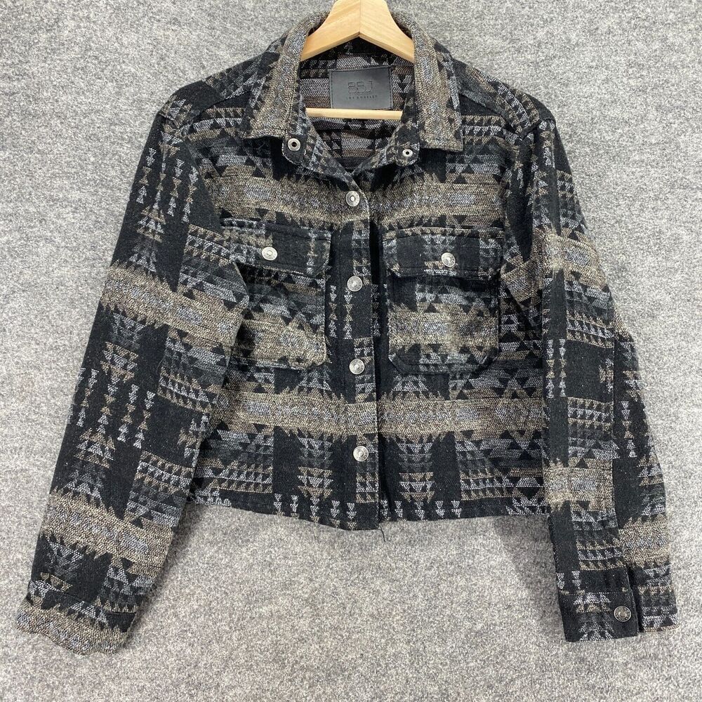 BBJ Jacket Women M Medium Black Striped Button Up Collared Long Sleeve Cotton